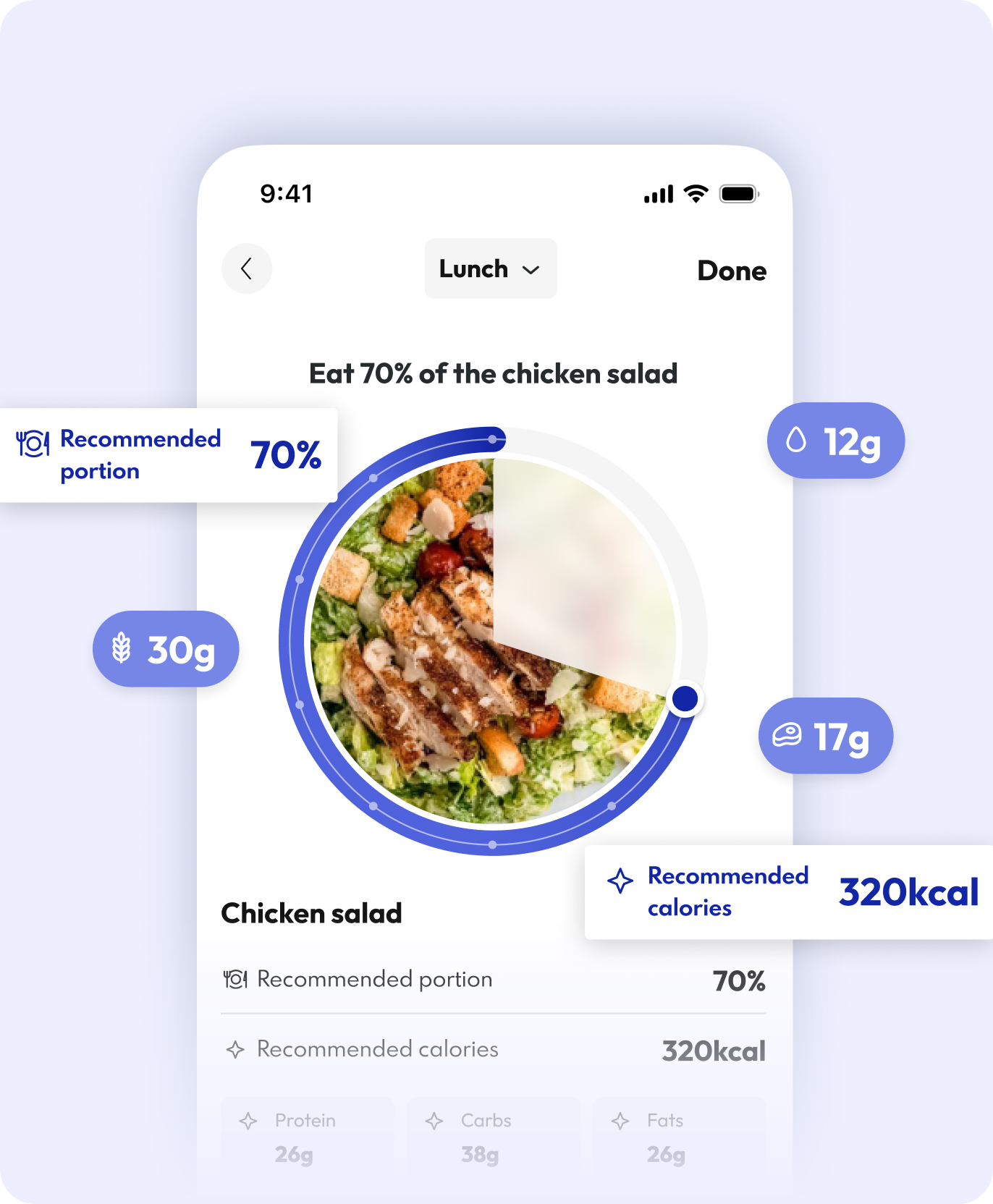 PortionPro recommended portion screen with protein, carbs, fats, and calorie highlights