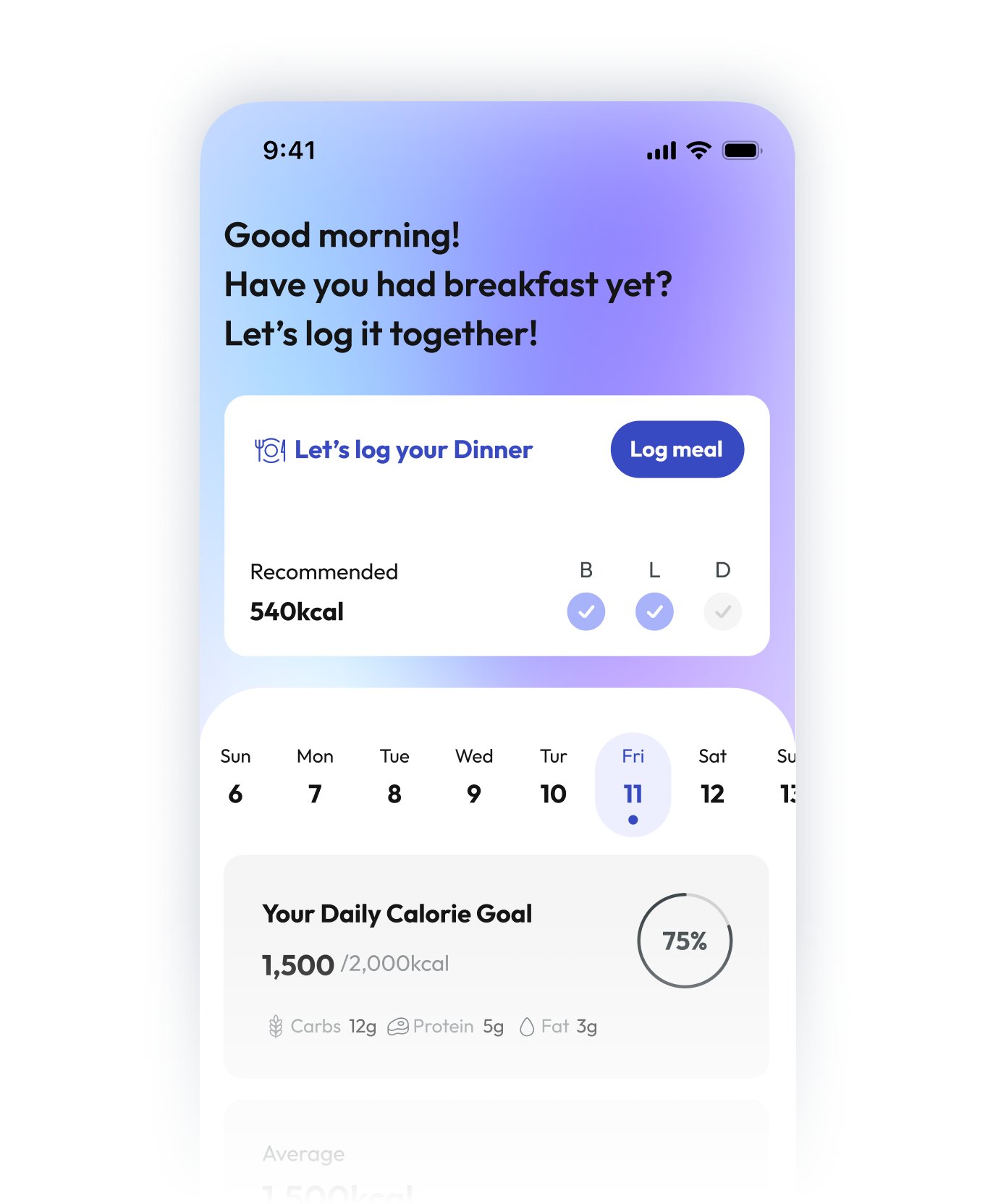 PortionPro routine screen showing a meal logging prompt and daily calorie progress